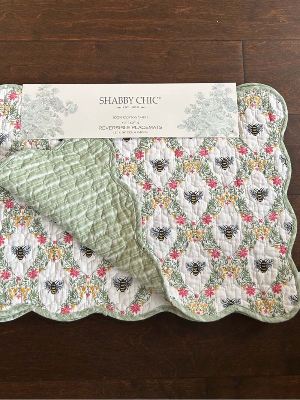 Shabby Chic Set Of 4 Scalloped Quilted Bumblebee Placemats New Floral  Striped